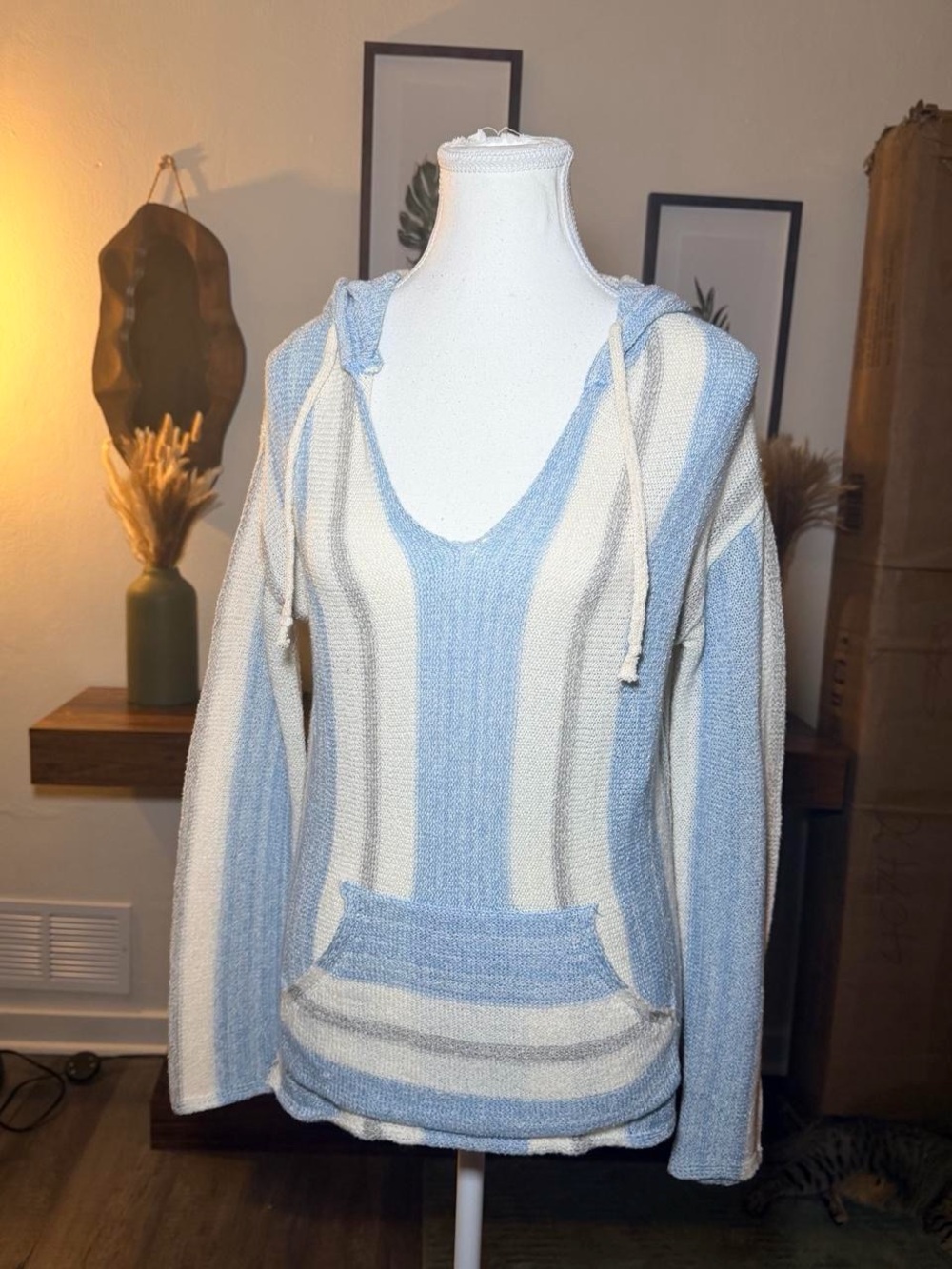 Hem & Thread Cream Blue Striped Knit Hoodie Size S